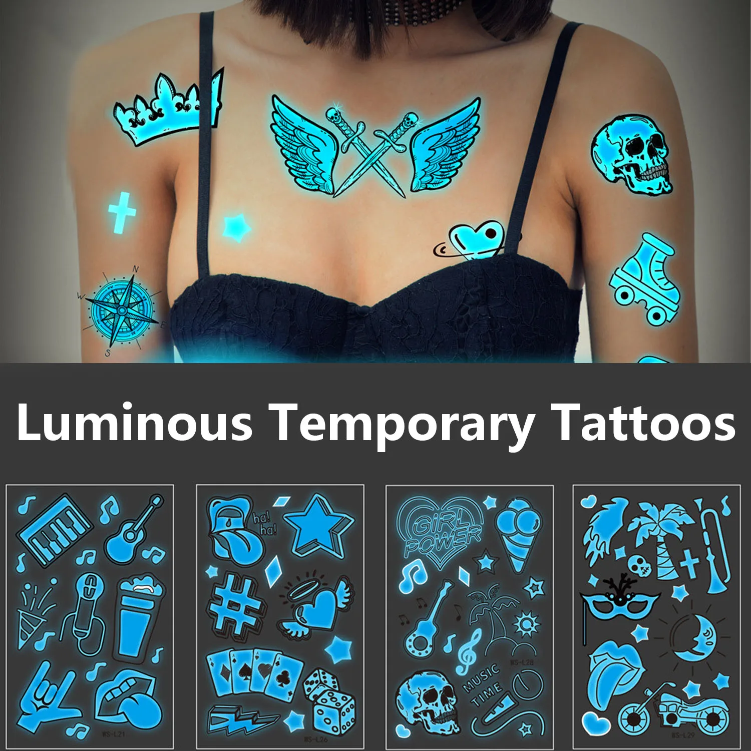 Neon Tattoo Stickers Black Lights for Glow Party Blue Luminous Temporary Tattoos 5 Sheets UV Jewellery Body Shimmer  Tattoo