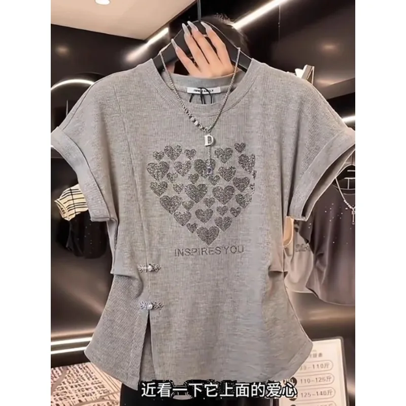 Chinese style Korean Style Short sleeved Fashionable Round Neck Summer Printed Slit Top