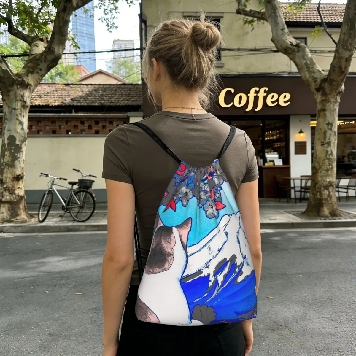 Sakura Mount Fuji And Cat Backpacks Fashion Drawstring Bundle Pocket Sports Bag Book Bags for Travel Students