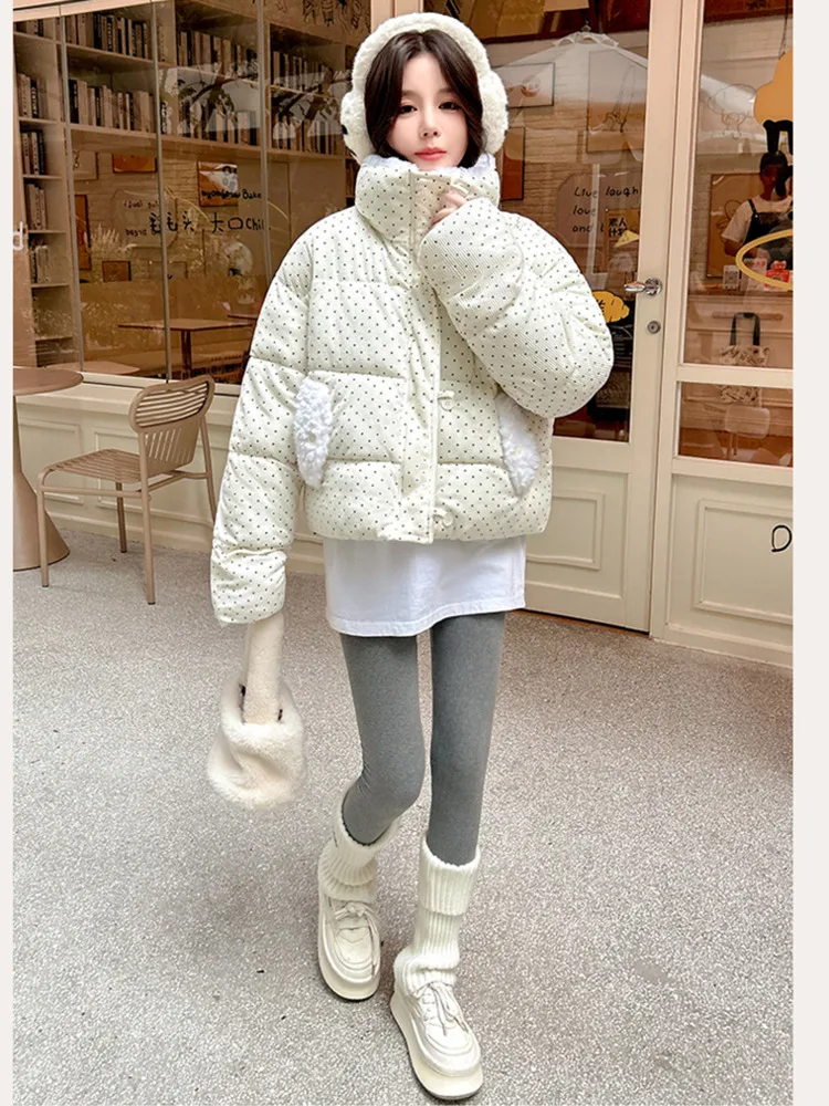

Sweet Polka Dot Parkas Women Winter Loose Casual Thicken Button Patchwork Puffy Coats Korean Fashion Fur Collar Female Outwear