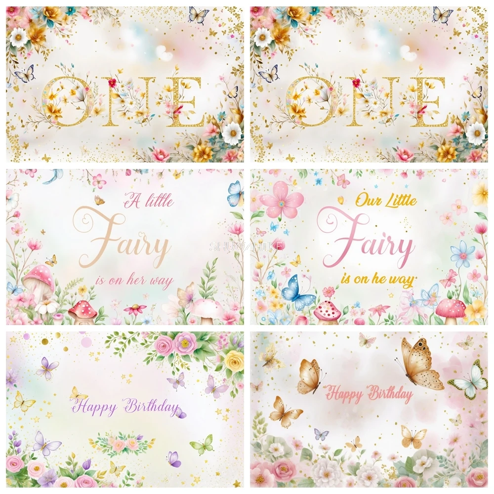 

A Little Butterfly Is On Her Way Baby Shower Backdrop Happy Birthday Party 1st One Year Fairy Spring Mushroom Background