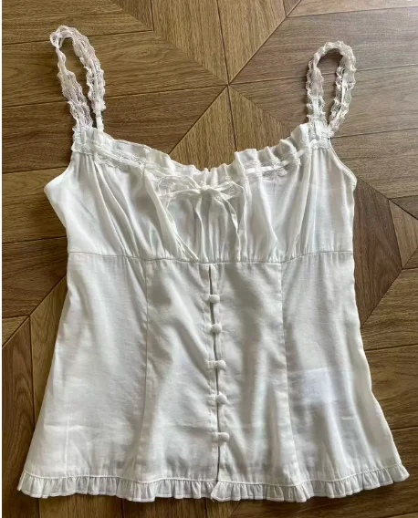 Women White or Polka Dot Print Square Collar Single Breasted Sleeveless Casual Vest