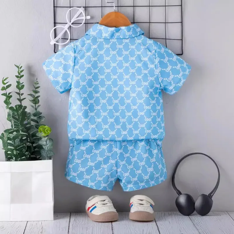 Trendy Kid Short-Sleeve Shorts Three-Piece Set Stylish Baby Outfit 3/PCS Fashionable Set Toddler Clothing Light Blue Shirt White