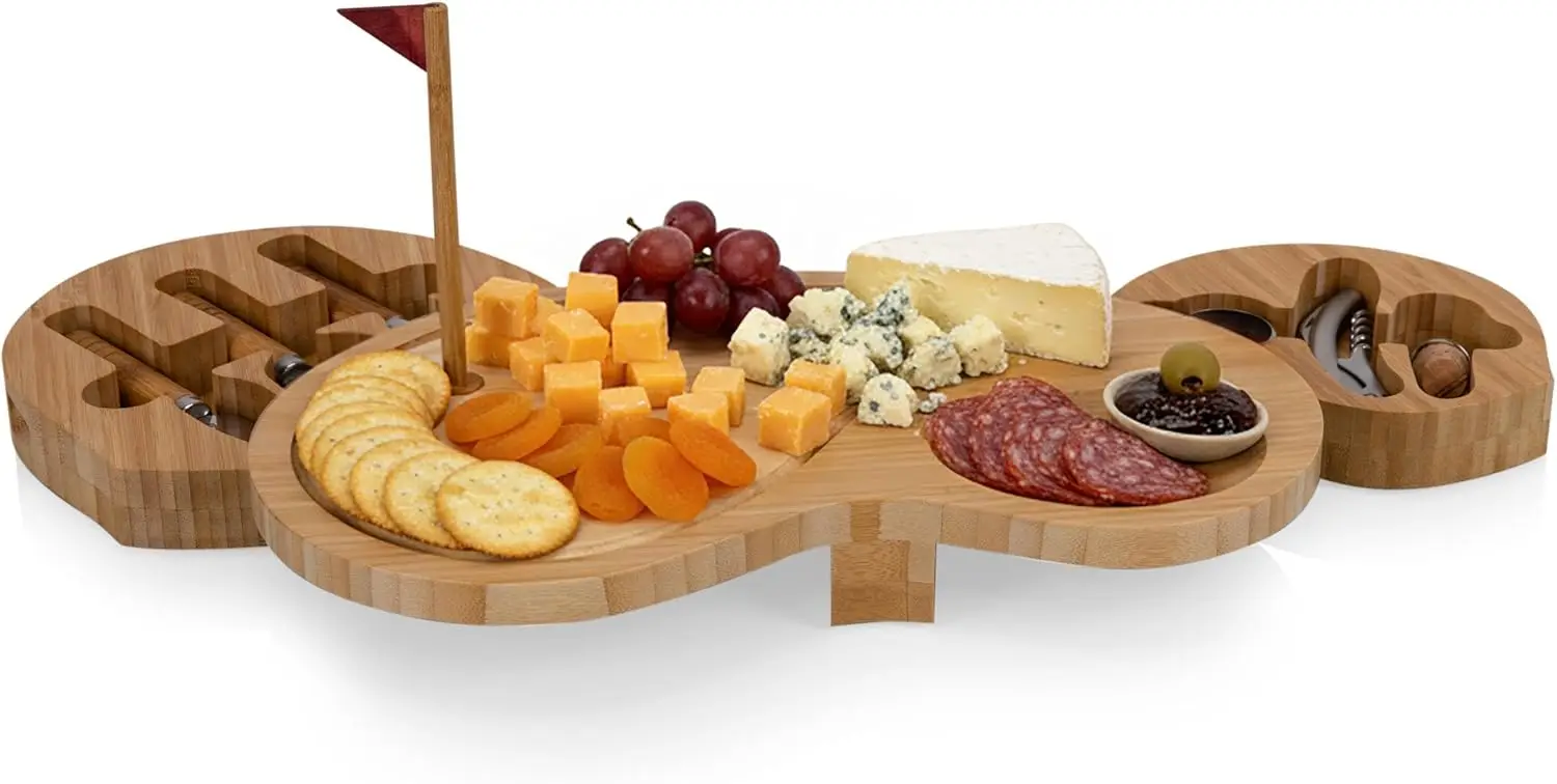 Conjunto de tábua de queijo com tema de golfe de bambu com facas e ferramentas para vinho, marrom