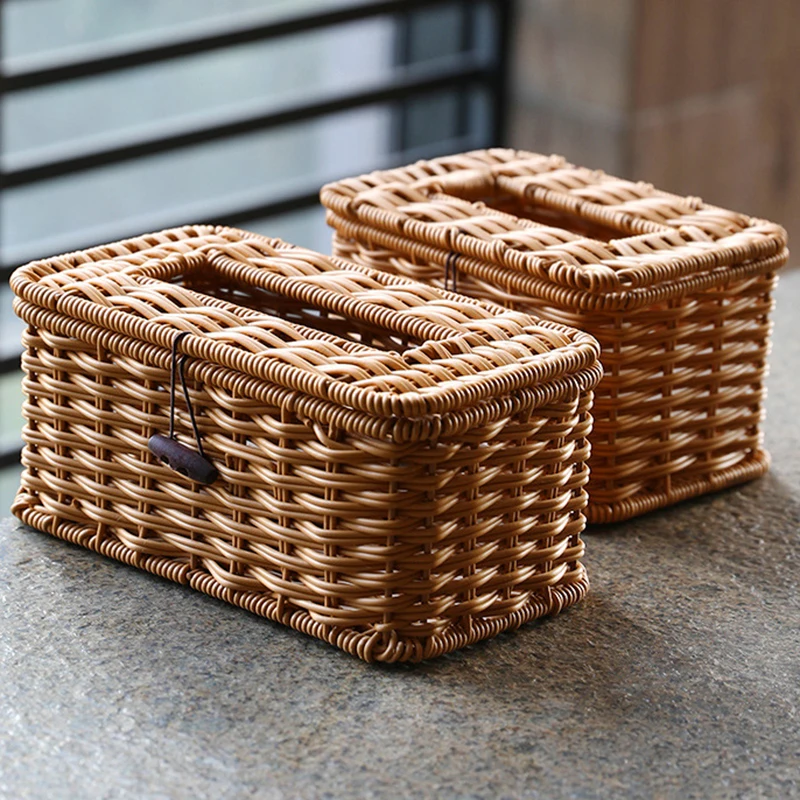 Tissue Box Cover Rectangle Imitation Ratten Woven Tissue Holder Rustic Decorative Cover for Home Office Table Bedroom Dresser