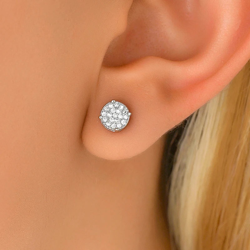 Hiphop Rock Fine Full Inlaid Zircon 7MM Round Stud Earrings 925 Sterling Silver Jewelry Women&Men Unisexual Punk Golden Ear Nail