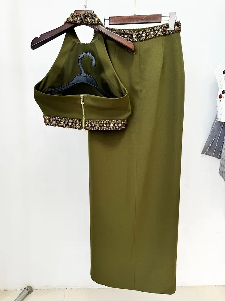 Personalizado indie más nuevo Fashion2025party diseñador traje de pasarela conjunto de mujer diamantes con cuentas Halter Tops Camis falda larga conjunto 2 piezas