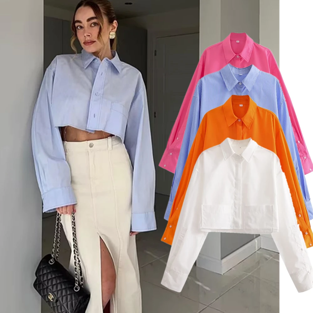 Jenny & Dave Franse Mode Dames Zomer Blouse Blogger High Street Pocket Cropped Shirt Retro Casual Tops Vrouwen