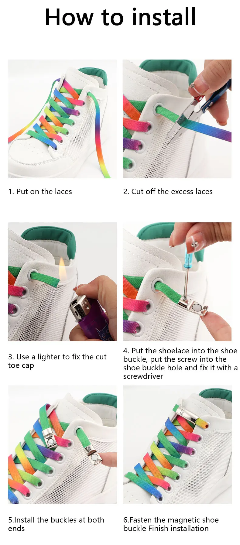 Magnetische Schnürsenkel, Regenbogenfarbene elastische Schnürsenkel, Schnürsenkel für Sneaker, Schnürsenkel ohne Binden, Schnürsenkel für Schuhe, für Erwachsene und Kinder. – Detail 7
