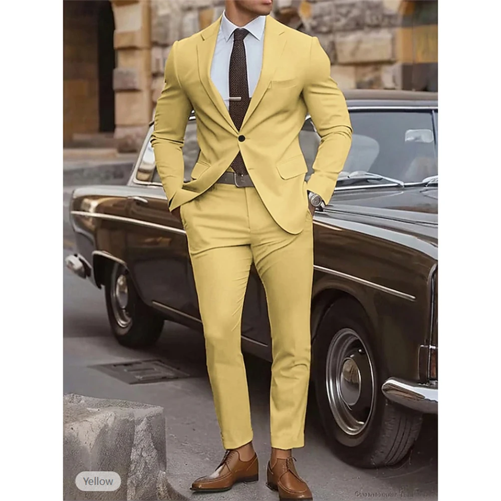 

2025 New Yellow Suits Men Blazer Pants 2 Pieces Casual Groom Wedding Party Tuxedos Tailor Made Costume Homme Mariage