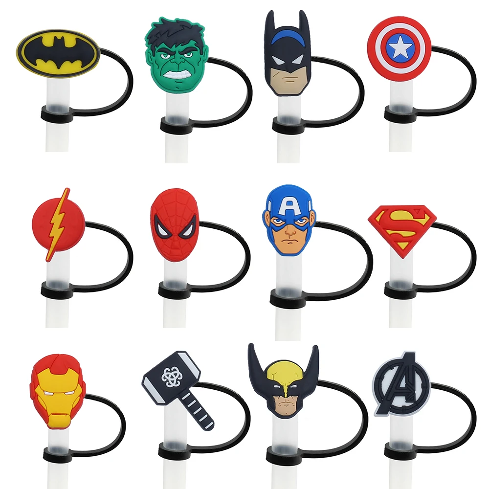 Marvel DC superheroe Straw Cover Cap for Reusable Drinking Dust Cap Glas Cup Accessories,Straw Toppers 10mm Silicone Straw Cover