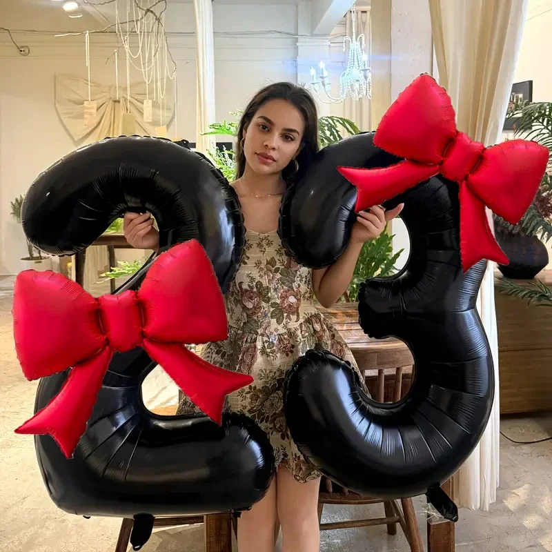 40inch Black Digital Balloon Set with Red Bow Aluminum Foil Balloons for Birthday Party and Anniversary Decoration