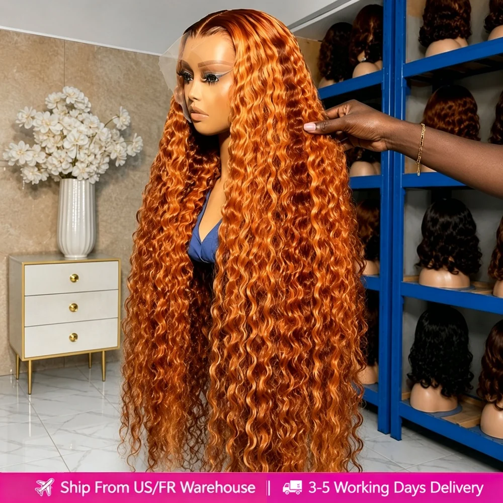Perruque Humaine Colorée 350 Orange Gingembre Cheveux Naturels 13x6 Deep Wave Lace Front Wigs Bouclée HD Transparente Pré-Pluckée Densité 260 30 Pouces