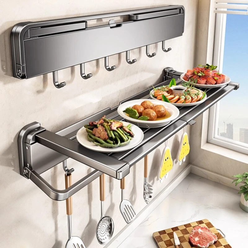 

‌Wall-Mounted Foldable Prep Table & Pull-Down Storage Rack - No-Drill Vegetable Holder, Space-Saving Kitchen Shelf