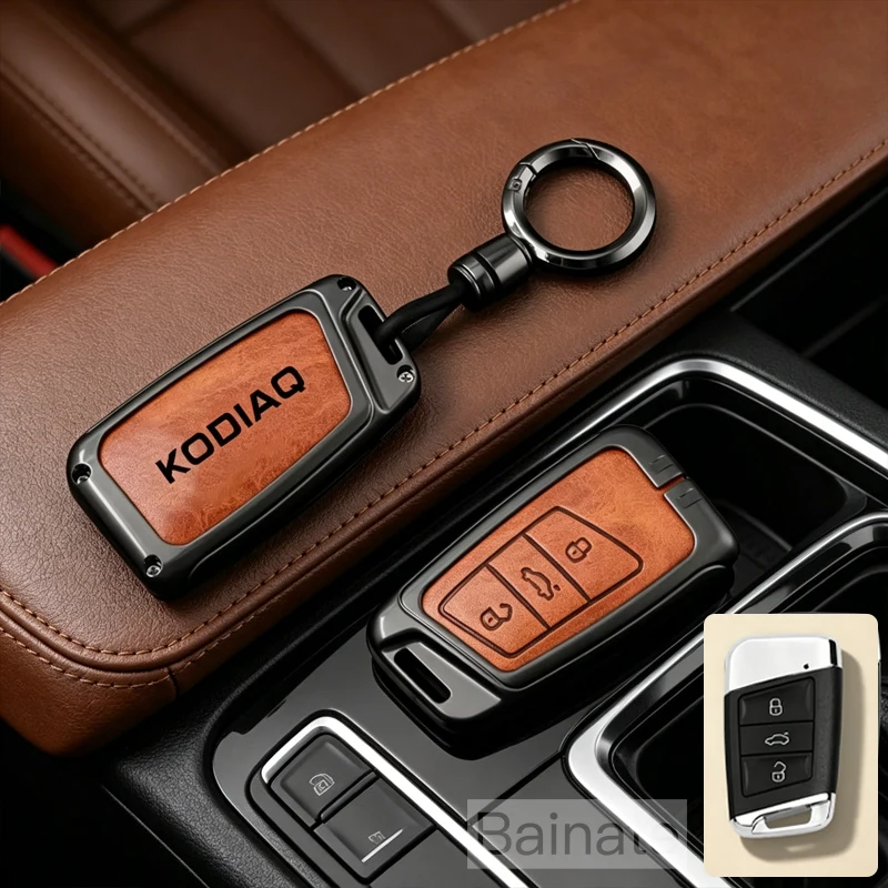 Für Skoda Kodiaq 2020 2021 2023-2025 Zinklegierung Autoschlüsselhalter Fernbedienungsschutz Autoschlüsselabdeckung Legierung Leder Schlüsselanhänger Zubehör – Detail 8