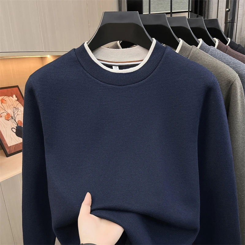 Herbst Neuer Herren Einfarbiger O-Ausschnitt Strickpullover Fake Zweiteiler Designer Weicher Langarm-Pullover Oberteil Lässige Herrenbekleidung – Detail 4