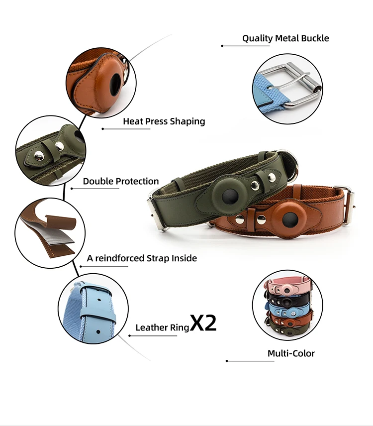 OEM Custom Adjustable Personalize Pet Accessories Luxury Vegan PU Leather Dog Collar with Airtag Case