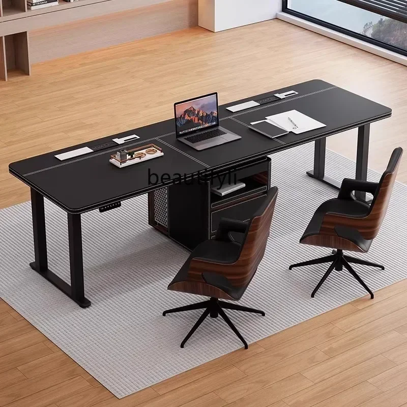 ls 27Intelligent Electric Lifting Desk Office Saddle Leather Office Corner Computer Desk Double Workbench