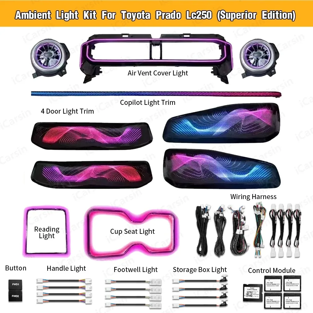 

64 цвета динамического окружающего освещения для Toyota Land Cruiser 250 LC250 Prado, аксессуары для обновления внутреннего светодиодного освещения