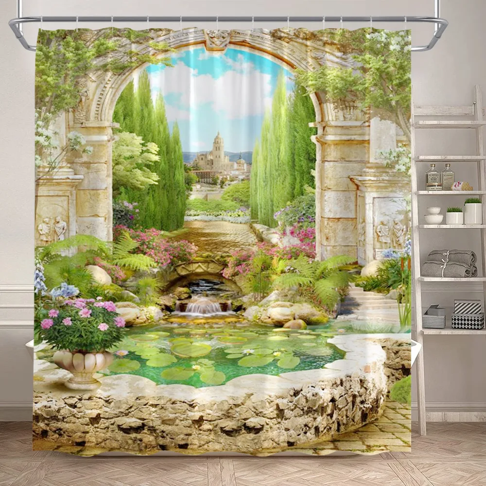 Island Landscape Shower Curtain Ocean Seaside Flower Plant Vintage Window Nature Scene Polyester Cloth Bathroom Decor With Hooks