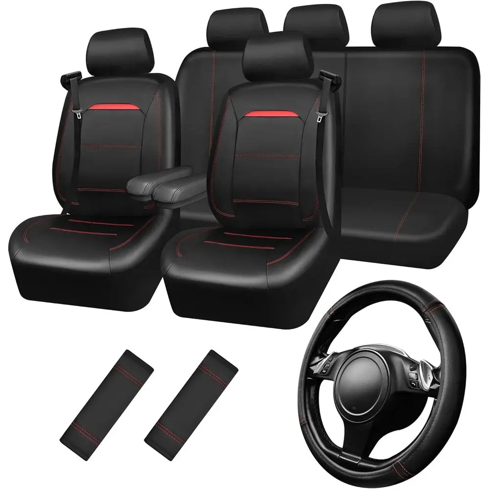 

Car Seat Cover Full Set with Steering Wheel Cover and 2PCS Seat Belt Shoulder Pads, for Trucks and SUV with Built-in Seatbelts a