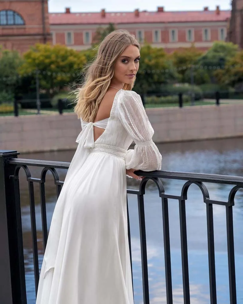 Simples vestido de casamento branco manga longa quadrado pescoço volta rendas até vestido de noiva até o chão praia vestidos de casamento novia