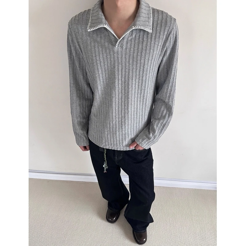 

Autumn Long Sleeved T-shirt Men Fashion Gray Black Casual Lapel T Shirt Streetwear Korean Loose Pleated T Shirt Mens Top M-3XL