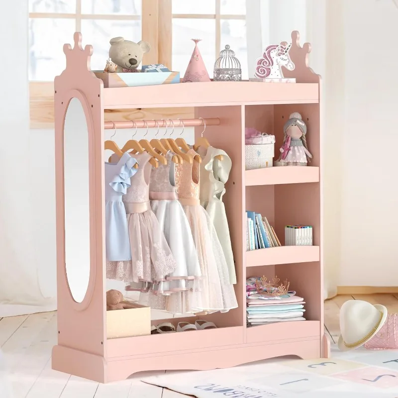 

Dress Up Storage With Mirror, Wardrobe With 3 Hooks, Closet for Girls Boys, Armoire Costume Organizer for Kids Bedroom, Pink