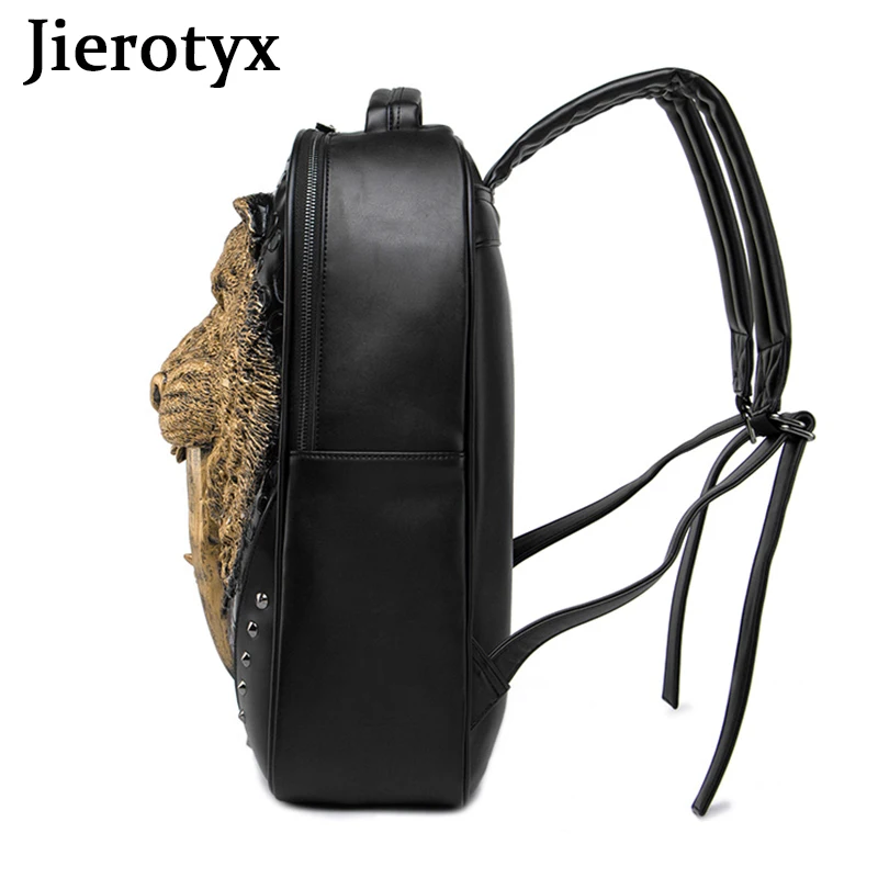 JIEROTYX Gold 3D Animal Head Backpack for Women Studded PU Leather Cool Laptop Backpack College School Bookbag Men Gothic Style