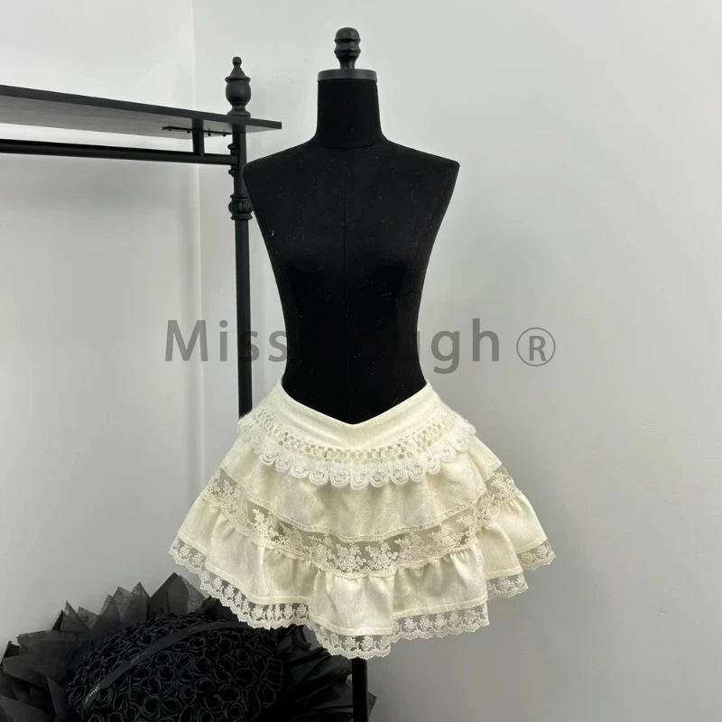 Winter Knit Japanese Kawaii Y2k 2 Piece Set Woman Off Shoulder Elegant Retro Skirt Suit Female Chic Tops + Cake Mini Skirt 2024