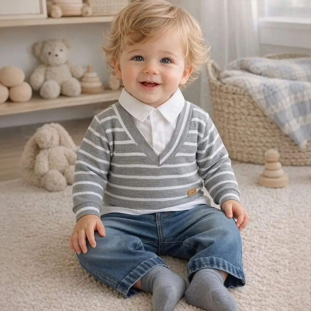 Toddler Boys Girls Gray White Stripe Fake Collar Sweatshirt Denim Jeans 2Pcs Set Infant Spring Autumn Daily Clothes