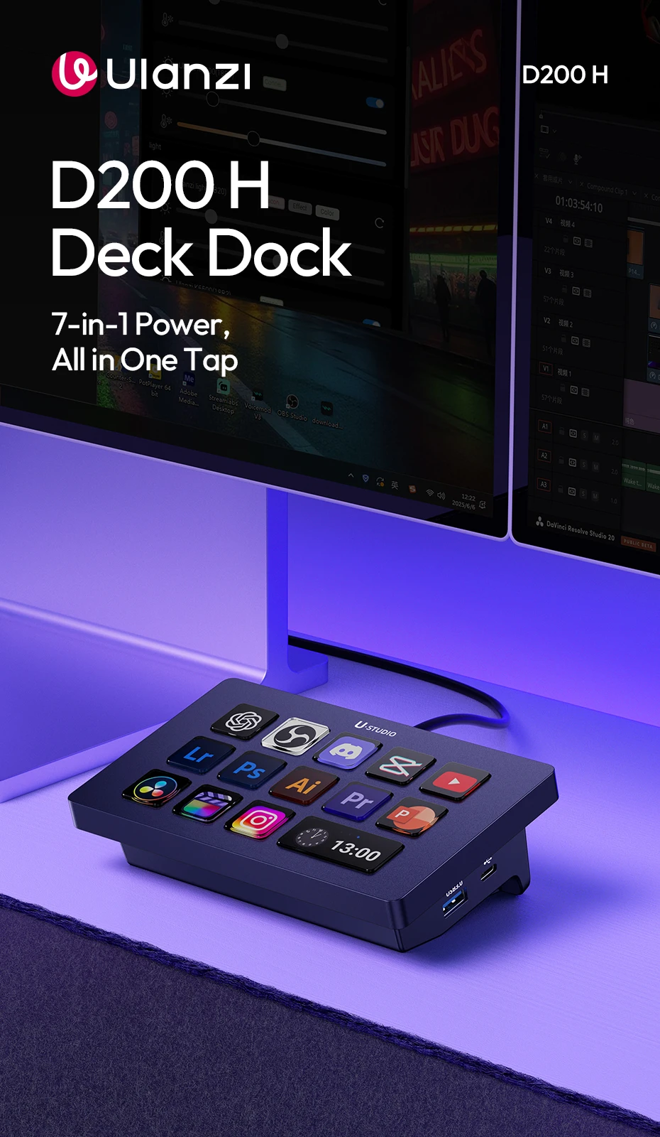 Ulanzi D200H Deck Dock Streaming-Controller 7-in-1 Dockingstation für Schreibtisch Intelligente Beleuchtungssteuerung Büroassistent Studio – Detail 1