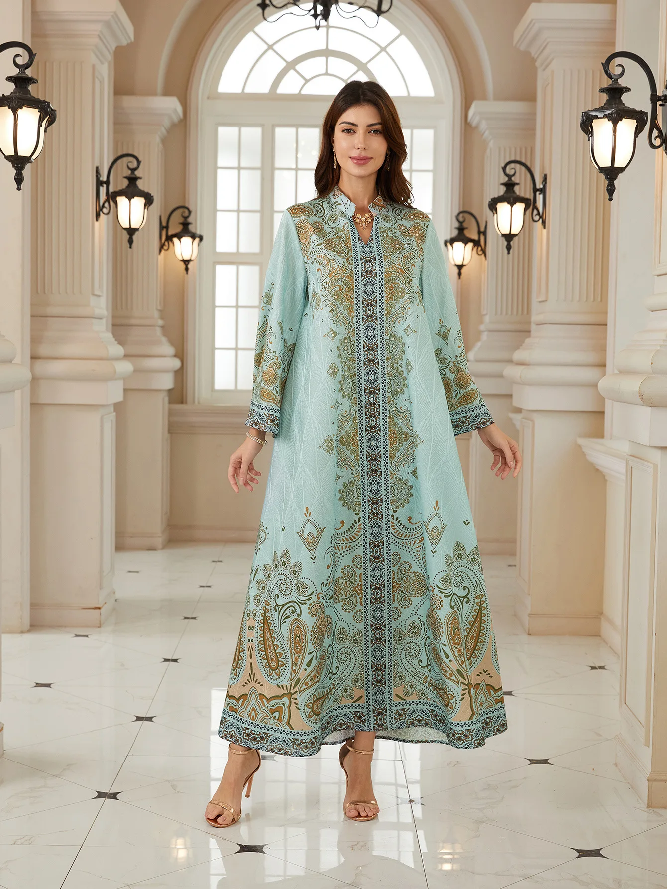 

Cross-border Amazon Hot-selling Models, Long Skirts, Ethnic Retro Robes, Printed Jacquard Mesh Dresses Cw07918