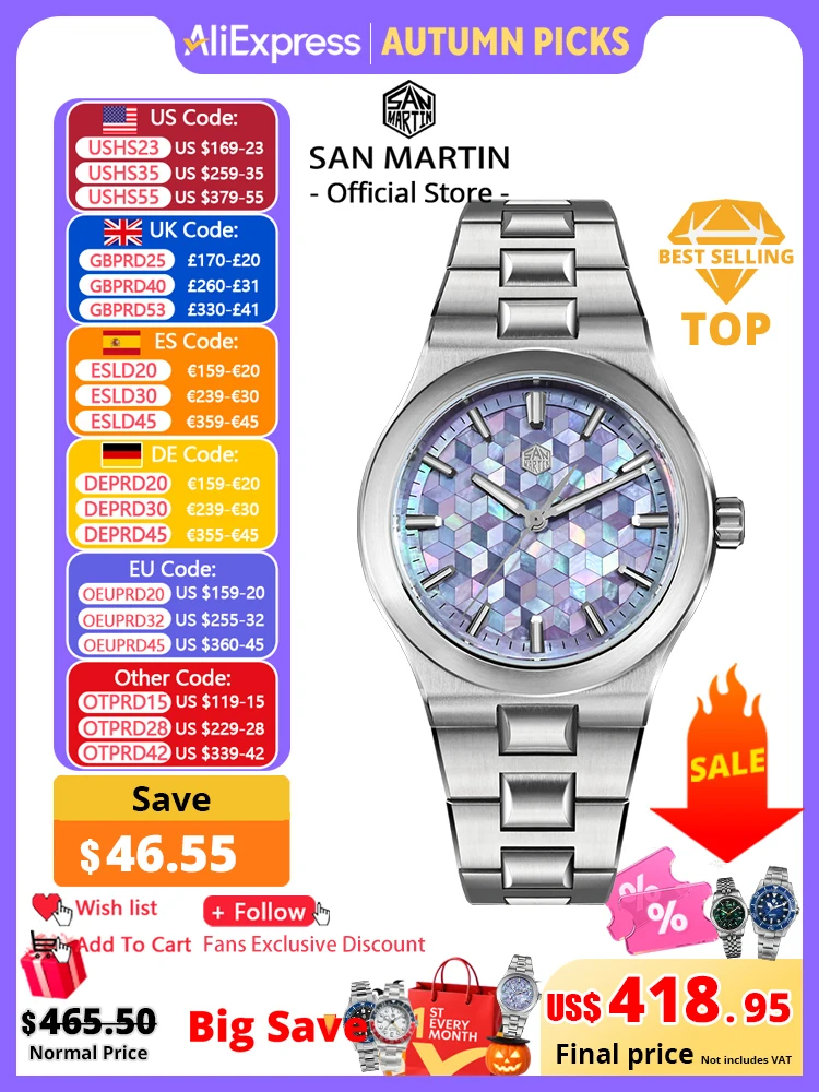 San Martin Original Design Spliced MOP Dial Integrated Bracelet Miyota 90S5 Automatic Mechanical Watches Men Sports Watch SN0149
