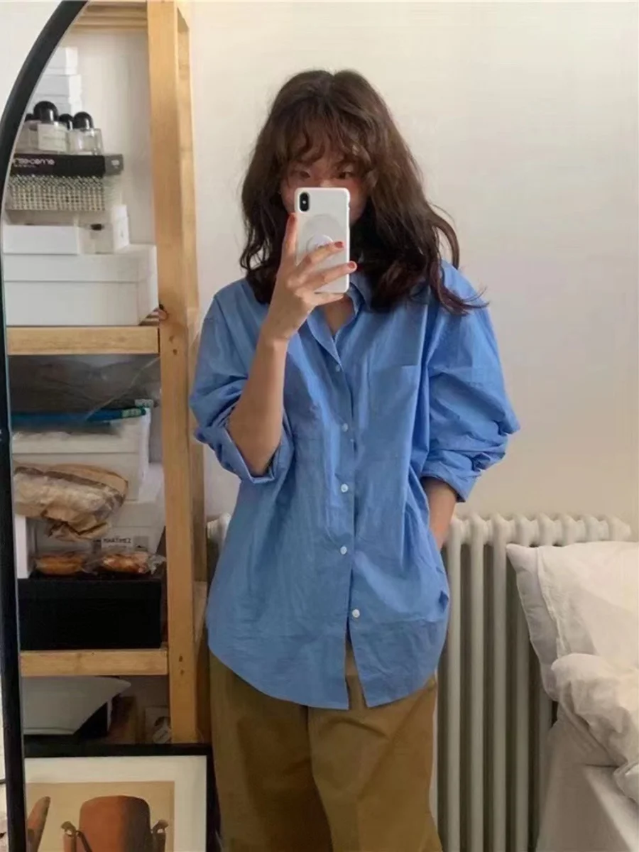 

Modern y Loose Fit Vintage Blue irt Double ket Korean Sle Women's Long Sve Breathable Sun Protection Cotton S...