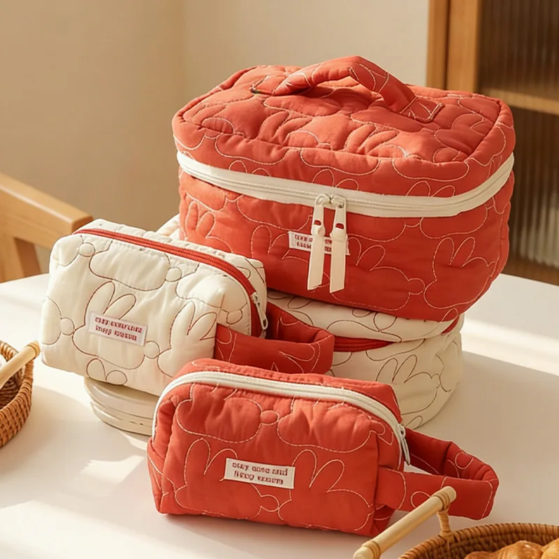 Cosmetic bag large capacity high value red and white rabbit storage bag cute portable large capacity cotton handbag