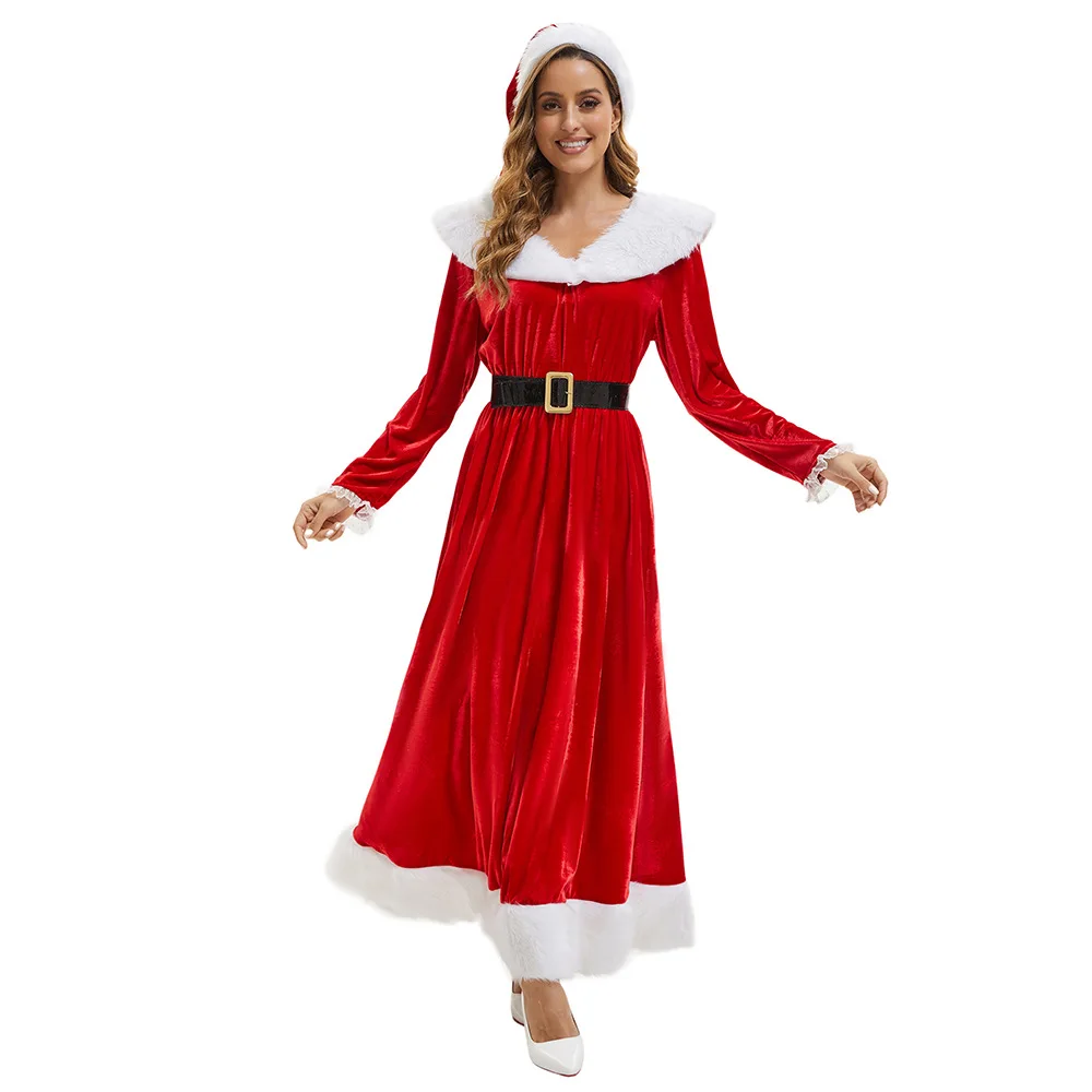 Christmas Cosplay Santa Claus Costume Red Dress Hooded Belt Suits Festival Theme Party Role Playing Outfit Adult Women