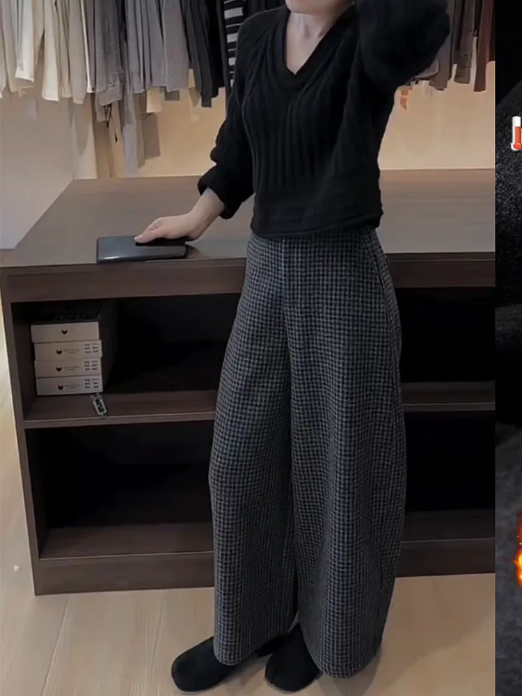 Hohe Taille, FCE-gefüttert, karierte Hose, Damen-Winterhose, warm, lässig, locker, gerades Bein, weites Bein