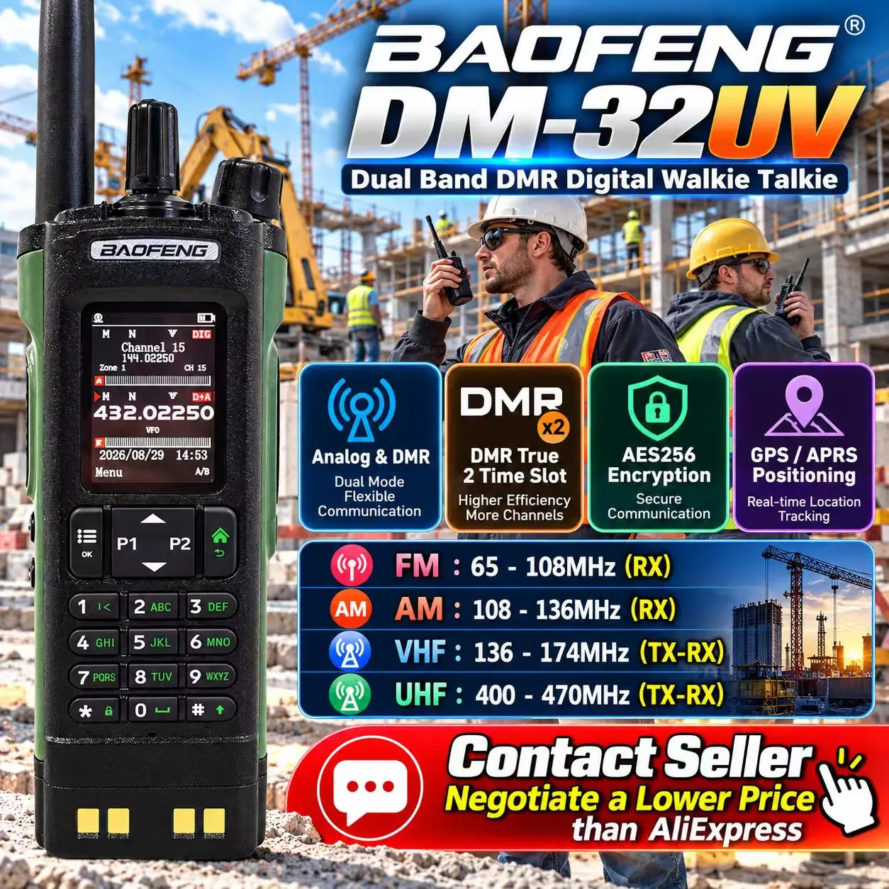 BAOFENG DM-32UV DMR Two Way Radio Digital Analog GPS APRS AES256 Encryption Alarm Function Single Group Call PTT Walkie Talkie