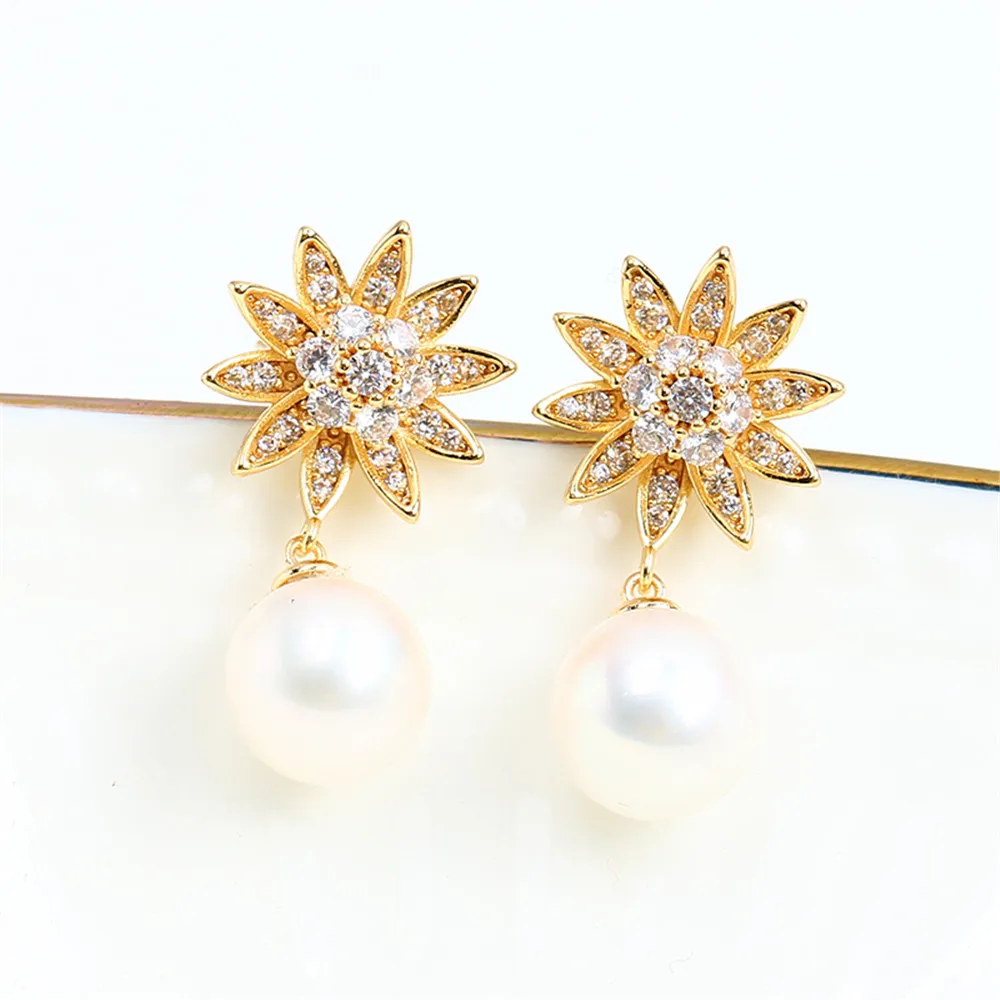 S925 Silver Needle Domestic 14k Gold Injection Gold Sunflower Pearl Zircon DIY Empty Bracket Earrings Small Fragrance