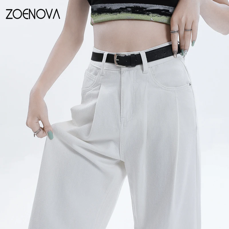 ZOENOVA-Jeans de cintura alta feminino, Maillard, verão, fino, branco, escritório, senhoras, solto, simples, versátil, jeans, calças de perna larga, moda