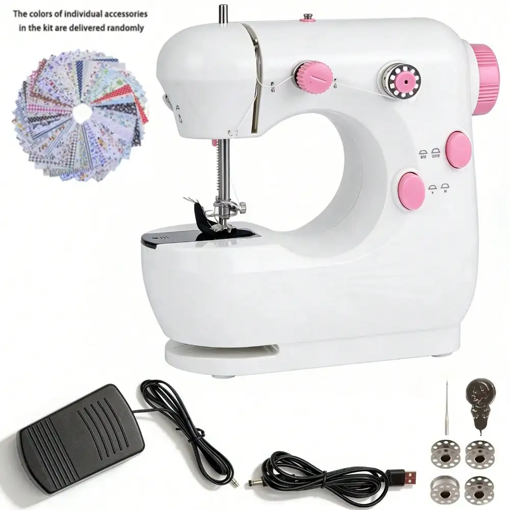 Beginner electric portable sewing machine, USB cable, home sewing tool with pedal (set of 30 pieces of fabric, colors random)
