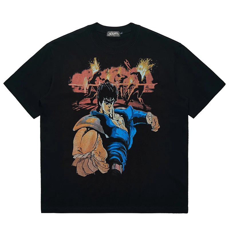 

Pure Cotton Breathable Printed Loose Shoulder T-Shirt Men's Heavyweight Short Sleeve round Neck Casual Summer Cartoon Anime T...