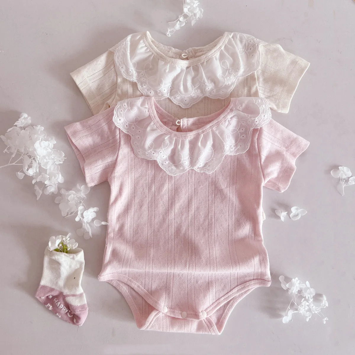 2024 Summer New Baby Short Sleeve Bodysuit Solid Lace Collar Cute Infant Girl Hollow Out Princess Jumpsuit Newborn Clothes 0-24M