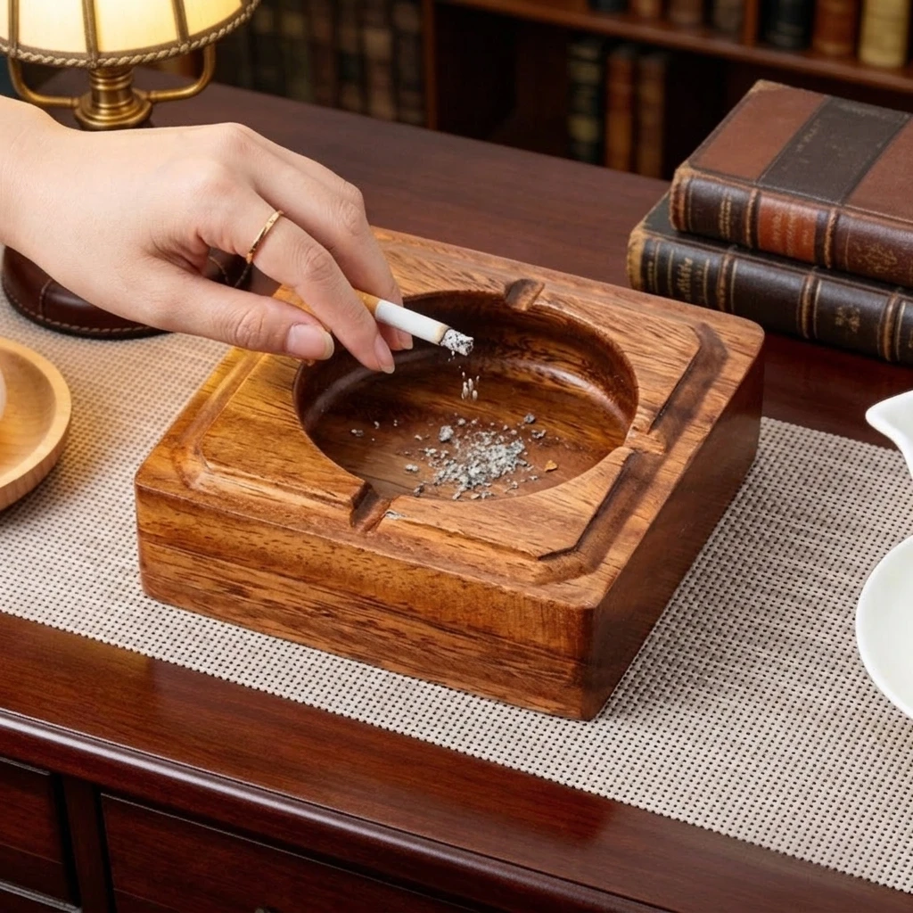 2026 Solid Walnut Wood Ashtray Creative Retro Decor Anti-Fall Ash Tray Hotel Living Room Ornament Ideal Gift for Home & Festival