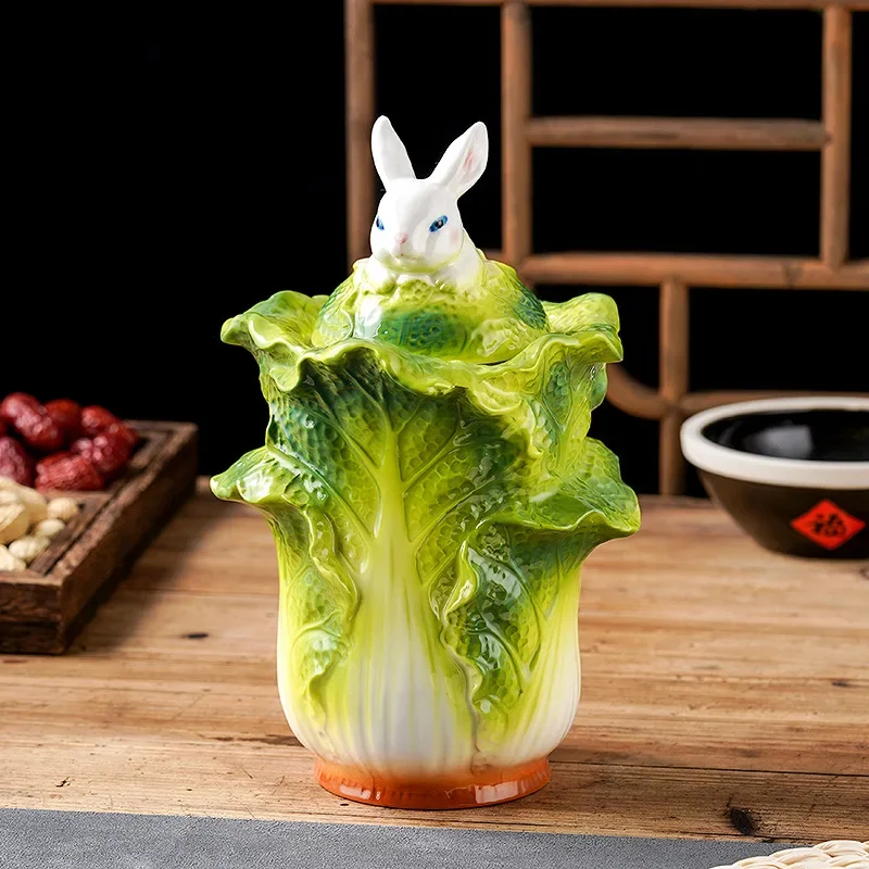 Creative Cabbage Rabbit Tea Jar Ceramic Decorative Jar Tea Sealed Storage Jar Home Storage Container Decorative Accessories