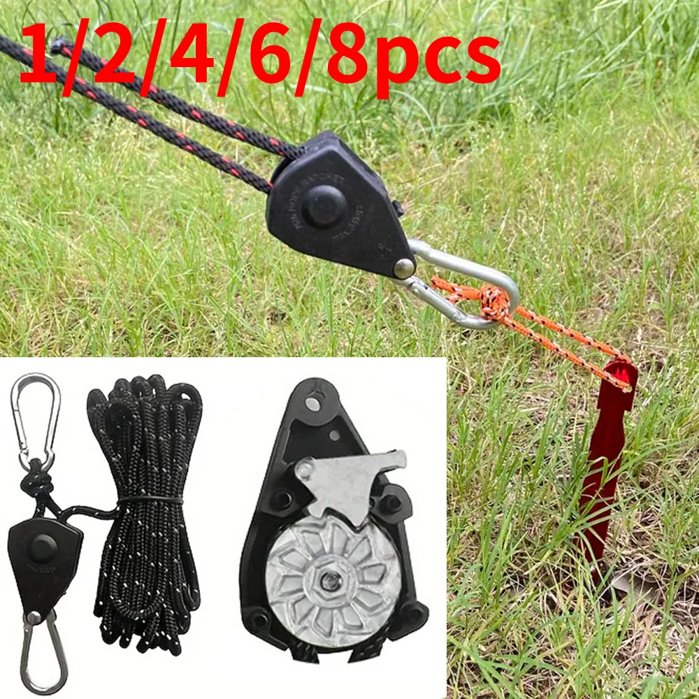 4mm*4m Camping Tent Tie Down Rope Tightener Fastening Pulley Ratchet Hangers Awning Rope Hook Canopy Buckle Rope Tightening Tool