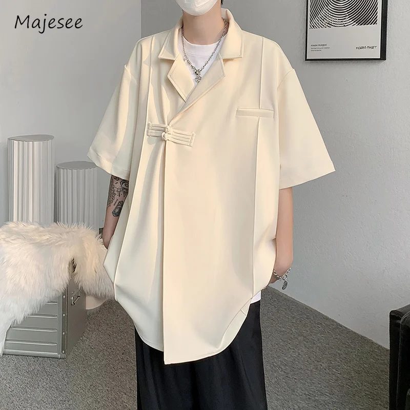 

Solid Shirts Men Baggy Pleated Leisure Chinese Style Traditional Stylish Handsome Breathable Workout Tops Lapel Streetwear 2023