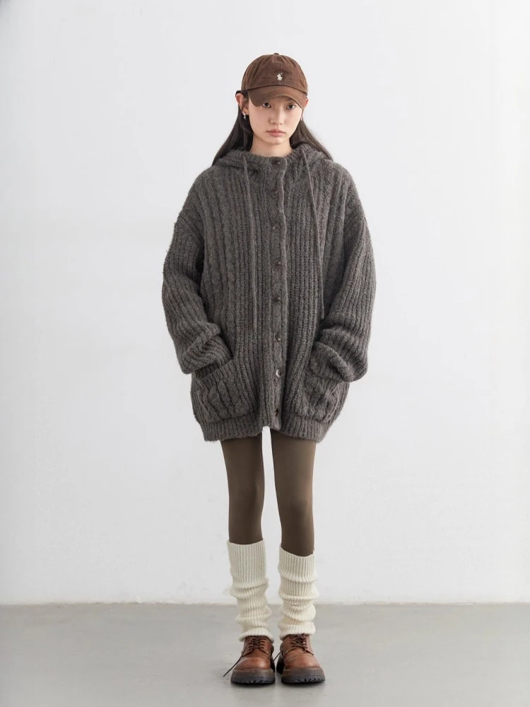 CHIC VEN Korean Women Sweaters Loose Casual Long Hooded Drawstring Knitted Cardigan Female Warm Jacket Autumn Winter 2025