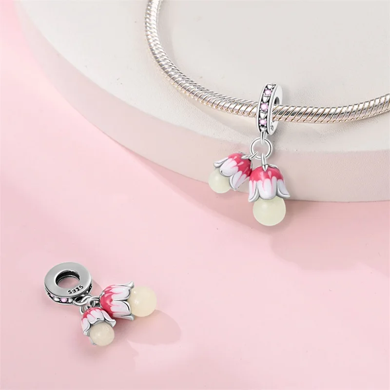 

925 Sterling Silver Pink Lily Of The Valley Charms Pendant Fit 3mm Original Bracelet DIY Women Exquisite Party Jewelry Gifts